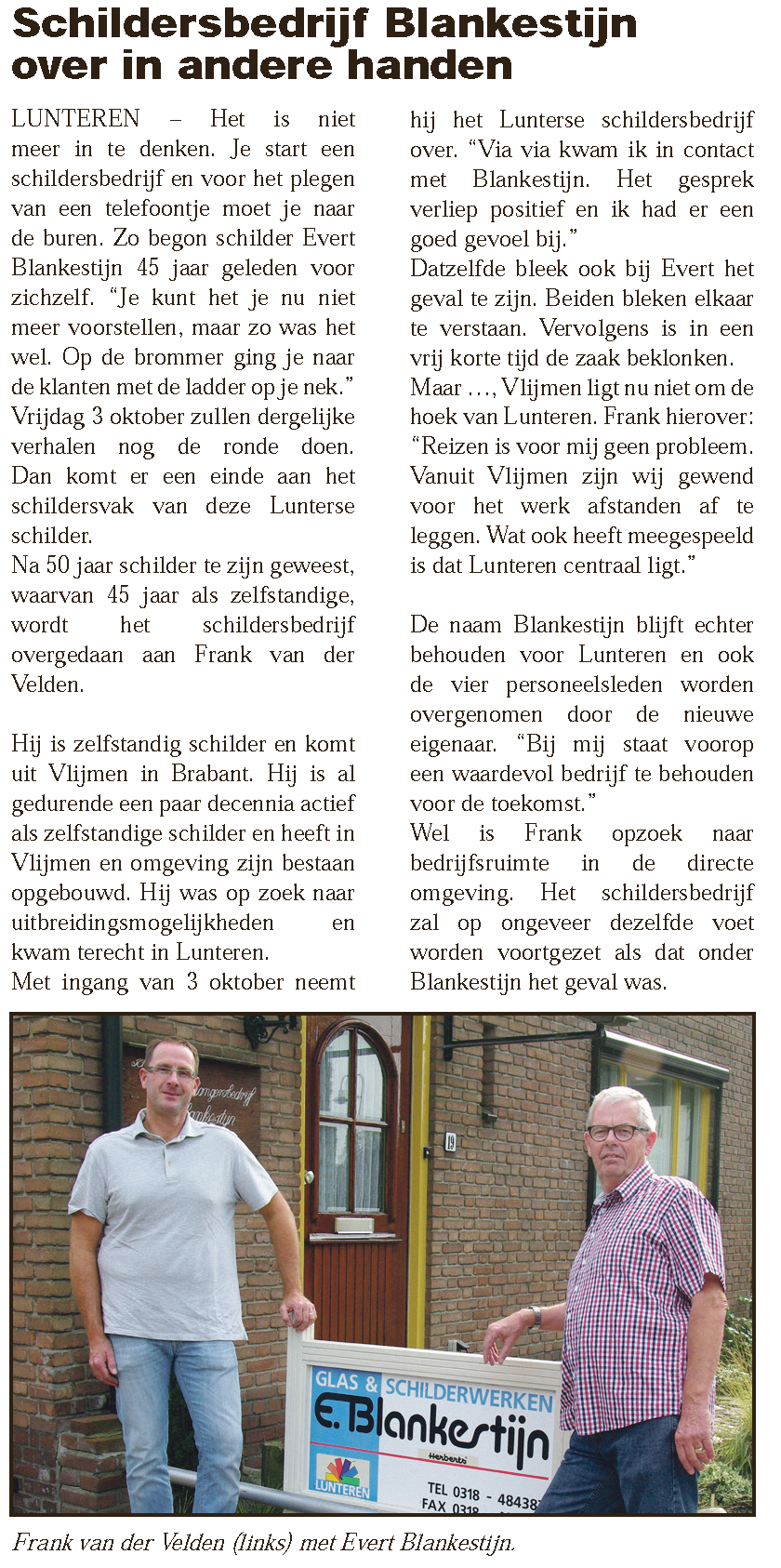 Krantenartikel overname Blankestijn Schilders